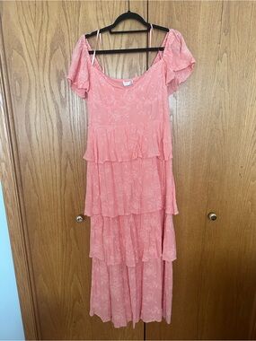 Altar'd State Coral Pink Tiered Midi Dress